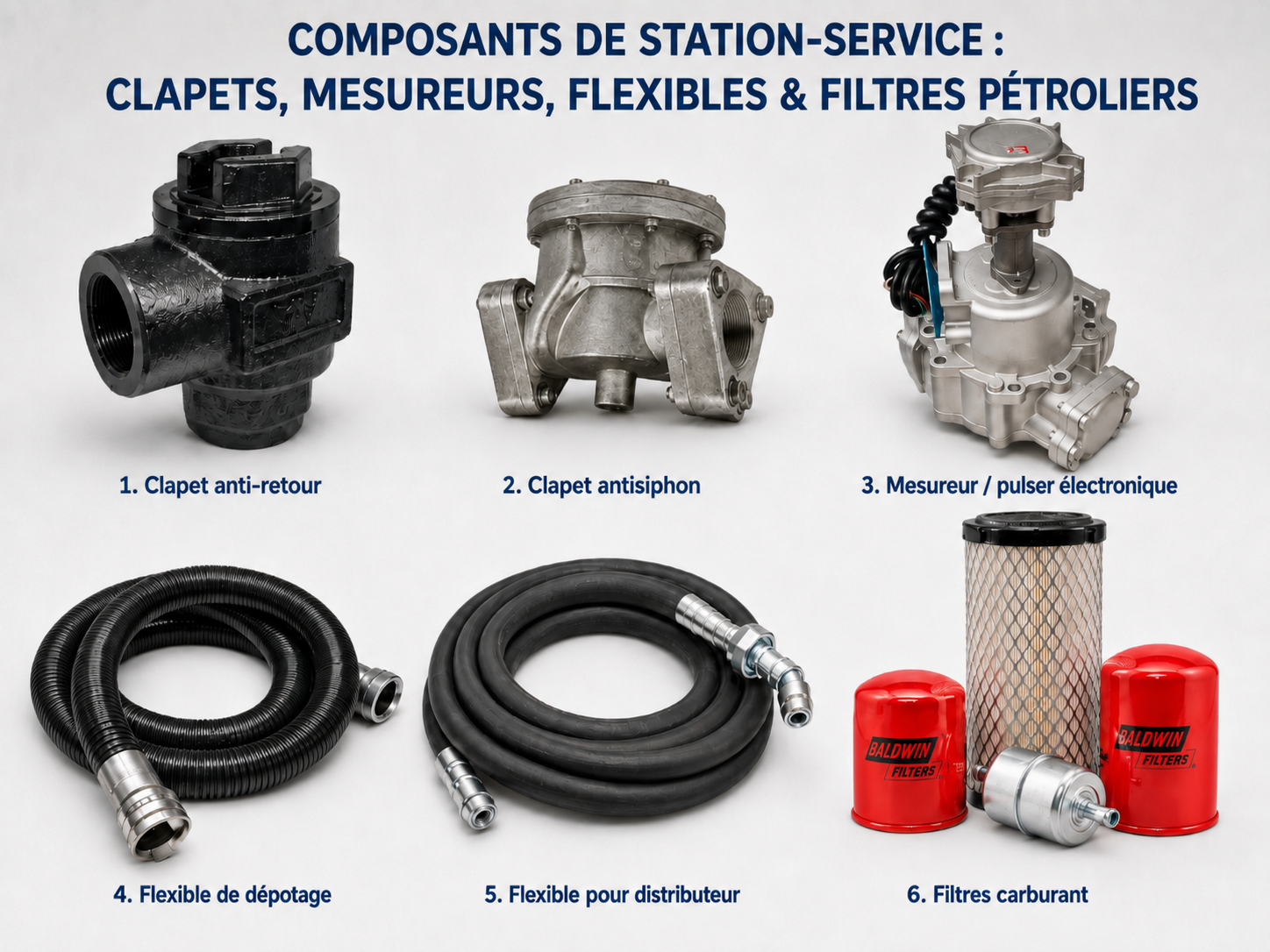 Composants de station-service : clapets, mesureurs, flexibles et filtres pétroliers