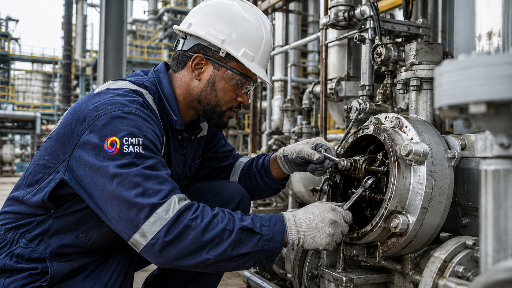 Technicien réalisant une maintenance corrective sur une installation industrielle